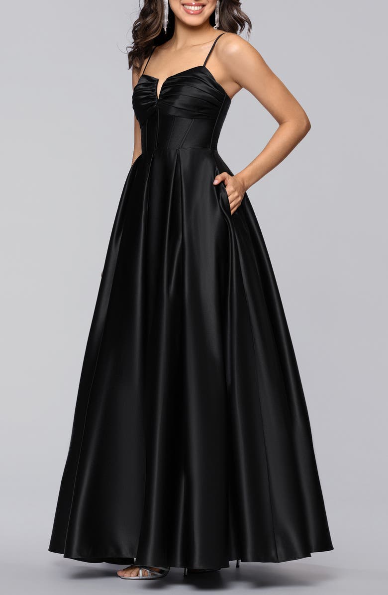 Blondie Nites Notch Neck Satin Ballgown, Alternate, color, Black