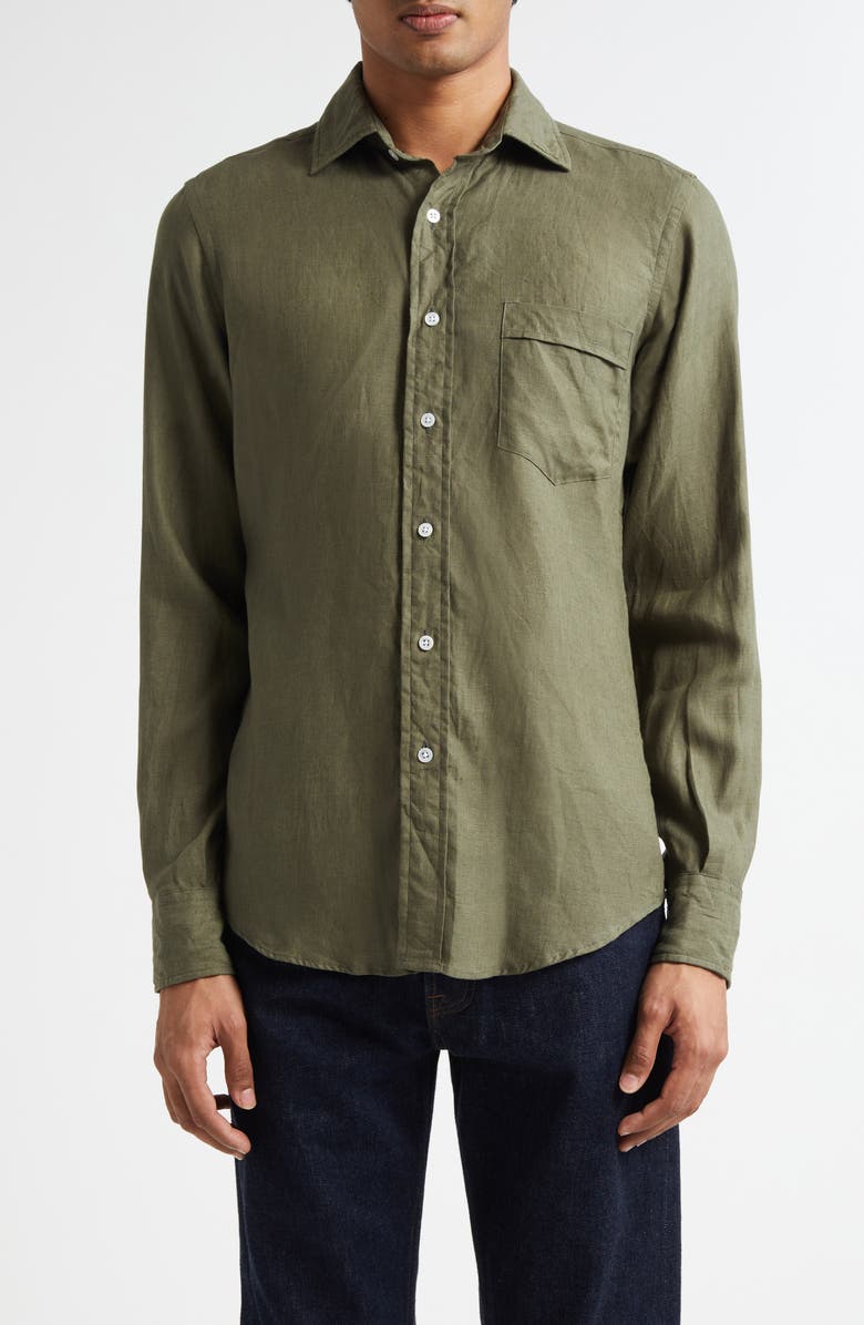 Drake's The Linen Summer Button-Up Shirt, Main, color, Khaki Green
