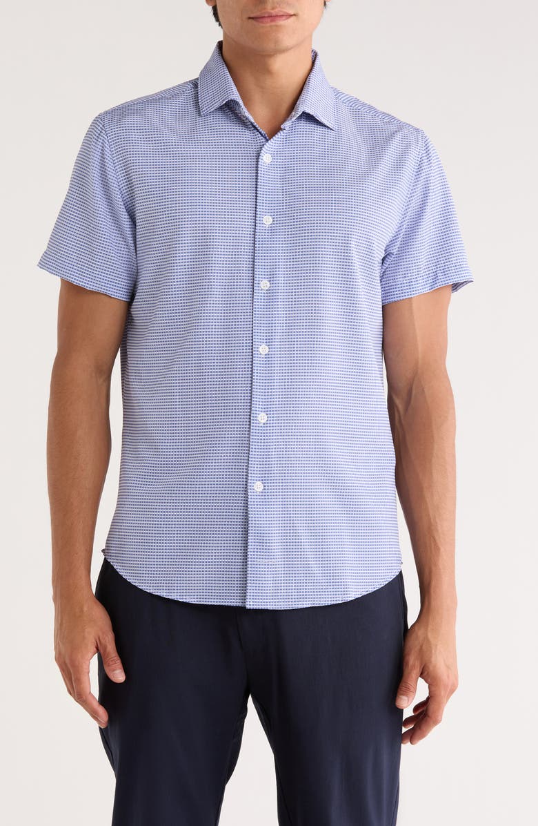 DENIM AND FLOWER Geometric Short Sleeve Button-Up Shirt, Main, color, Blue/ White