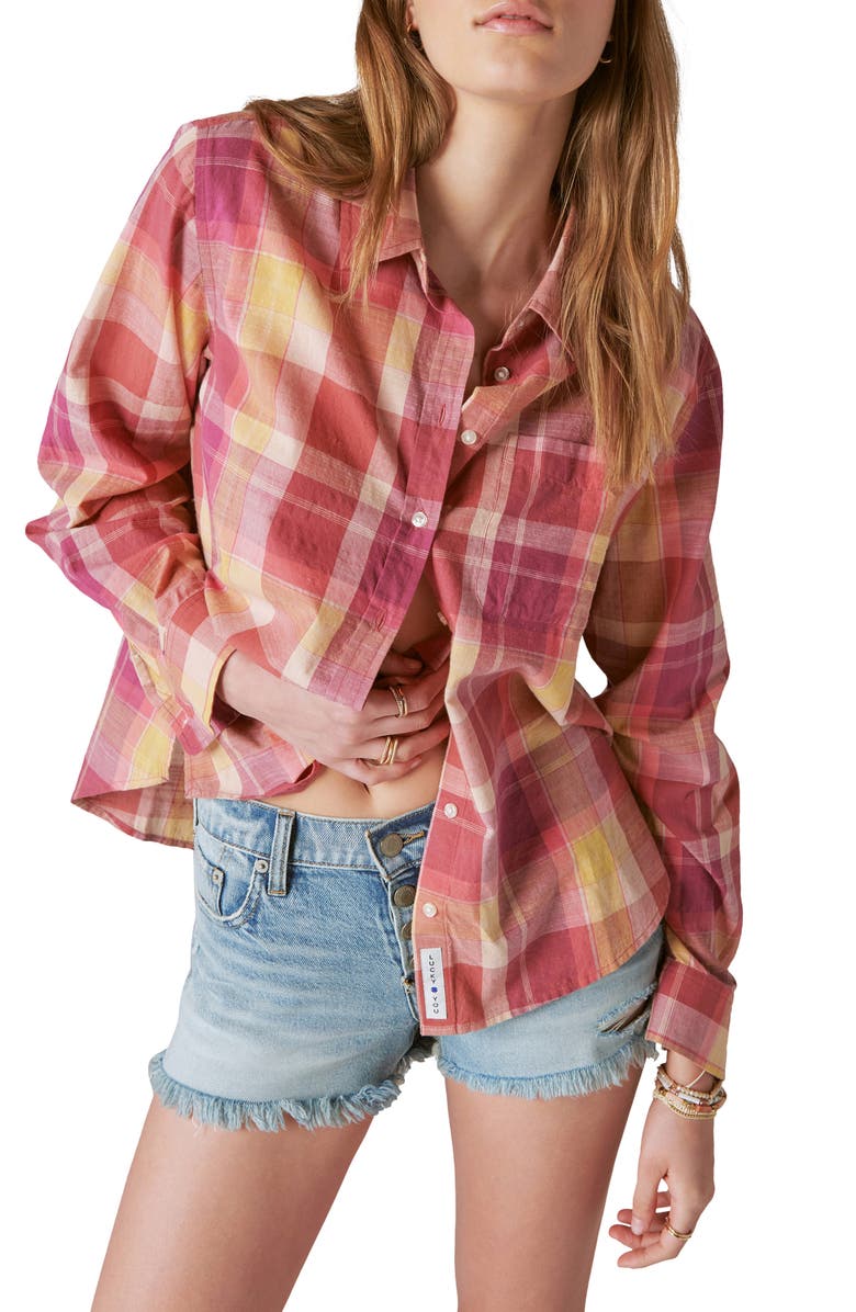 Lucky Brand Cotton Button-Up Shirt, Main, color, Pink Plaid