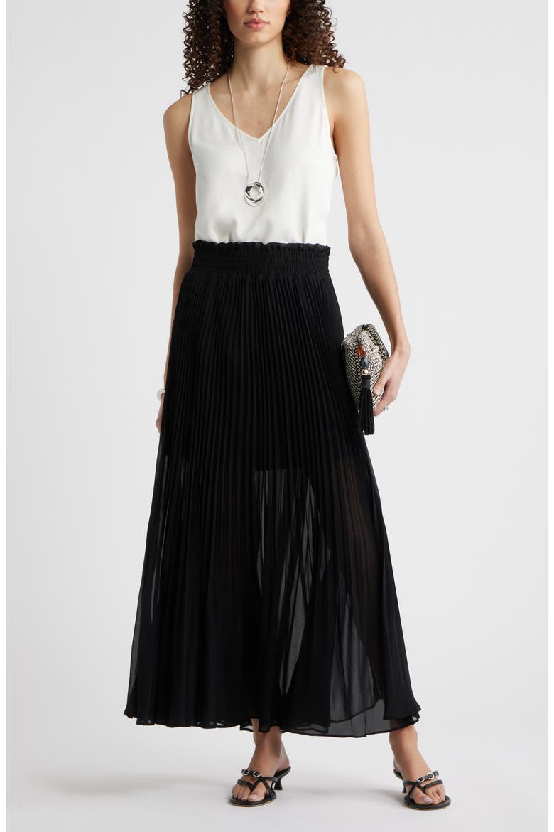 Pleated Semi Sheer Chiffon Midi Skirt, Alternate, color, BLACK