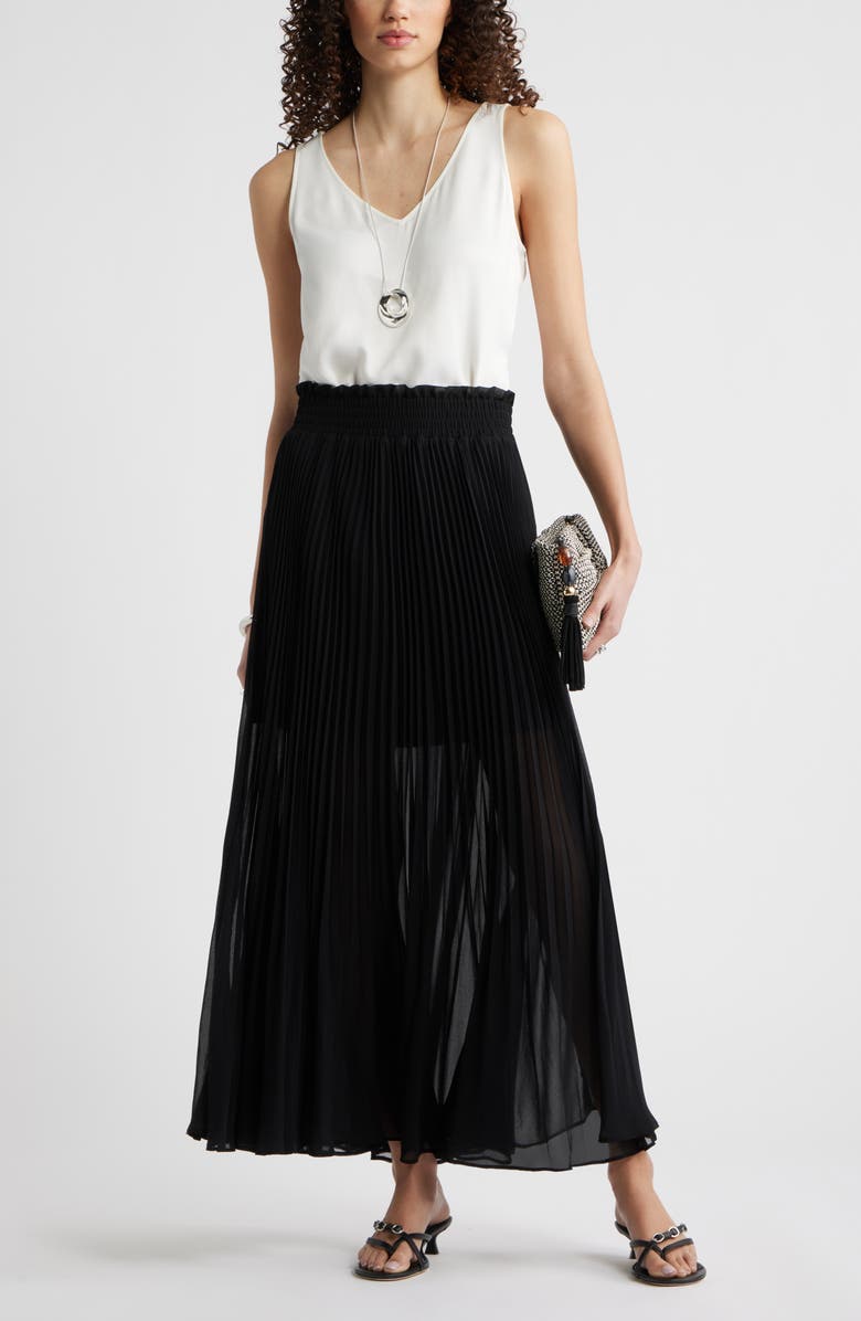 Nordstrom Pleated Semi Sheer Chiffon Midi Skirt, Alternate, color, Black