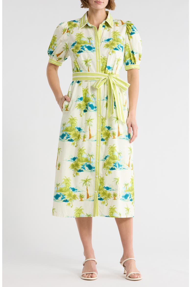 Tropical Print Short Sleeve Cotton Shirtdress, Main, color, OFF WHITE/ GREEN