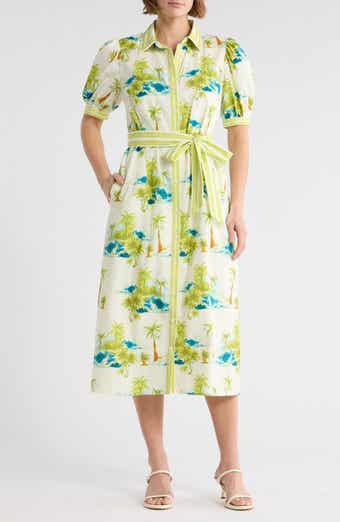FLYING TOMATO Tropical Print Short Sleeve Cotton Shirtdress