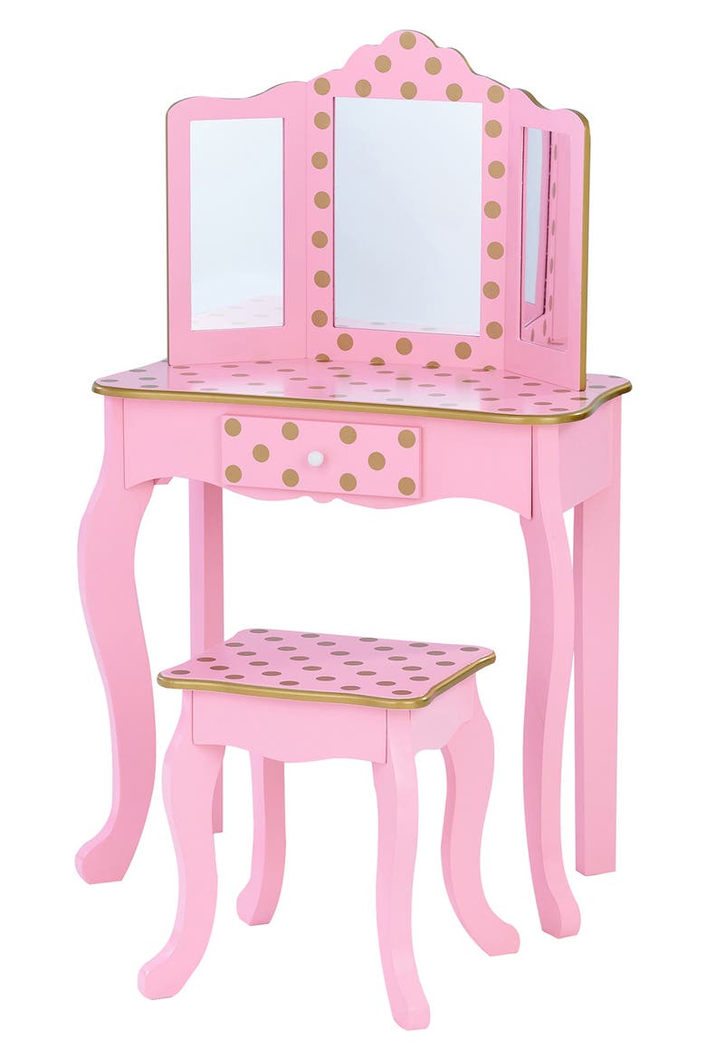 Fantasy Fields Fashion Gisele Polka Dot Vanity & Stool, Main, color, PINK / GOLD