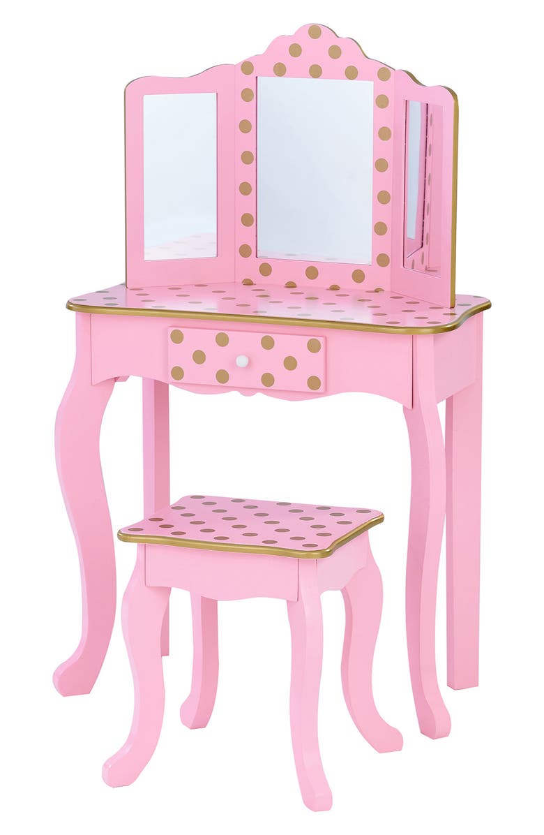 Teamson Kids Fantasy Fields Fashion Gisele Polka Dot Vanity & Stool, Main, color, Pink / Gold