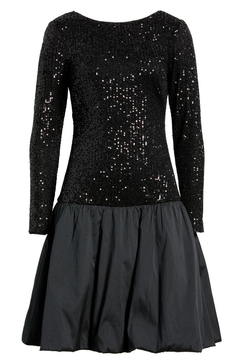 Sequin Bodice Long Sleeve Mixed Media Cocktail Dress, Alternate, color, BLACK