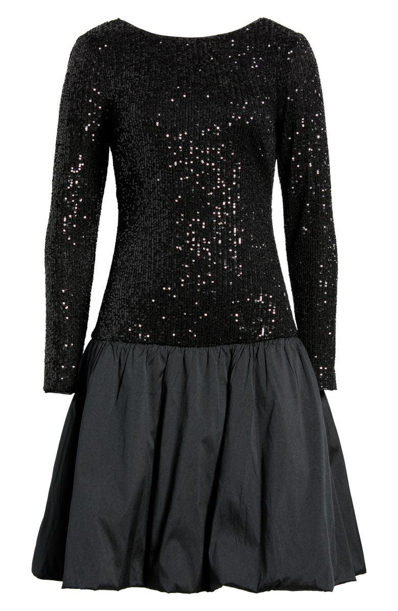 Eliza J Sequin Bodice Long Sleeve Mixed Media Cocktail Dress, Alternate, color, Black