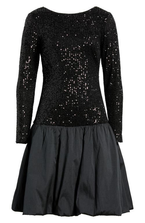 Eliza J Sequin Bodice Long Sleeve Mixed Media Cocktail Dress In Black