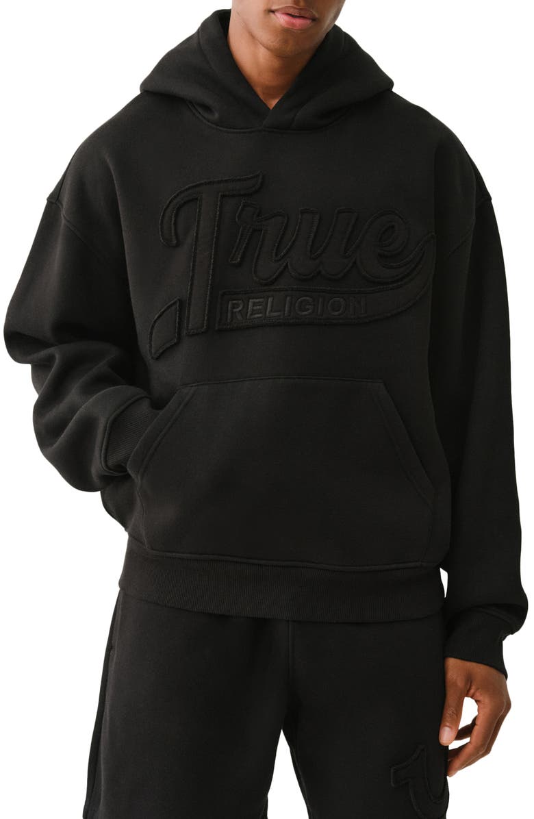 True Religion Embroidered Logo Cotton Blend Crop Hoodie, Main, color, Jet Black