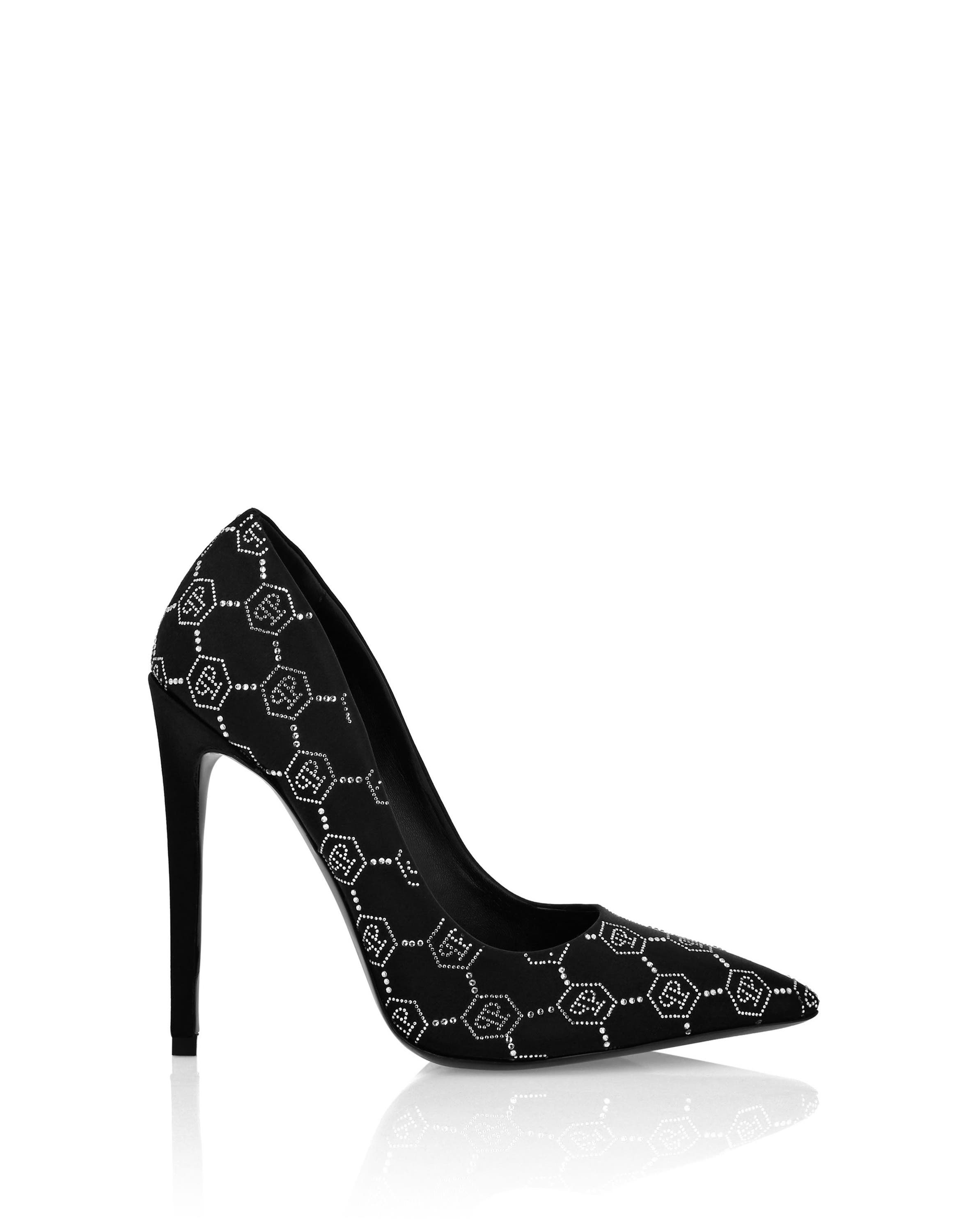 PHILIPP PLEIN Satin Decollete Hi-Heels Strass Monogram Women, Alternate, color, Black/Crystal