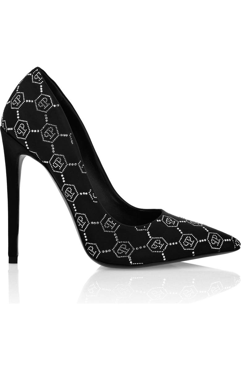 PHILIPP PLEIN Satin Decollete Hi-Heels Strass Monogram Women, Alternate, color, Black/Crystal