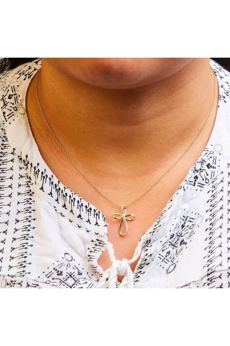 .925 Sterling Silver Diamond Accent Cross Ribbon 18" Pendant Necklace, Alternate, color, Yellow