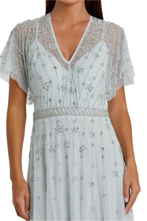 MAC DUGGAL MAC DUGGAL V NECK EMBELLISHED FLUTTER SLEEVE A LINE GOWN