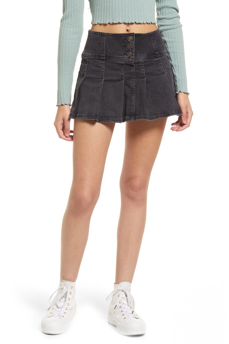 Stretch Denim Kilt Miniskirt, Main, color, BLACK