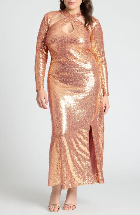 Cross Front Sequin Long Sleeve Gown (Plus)
