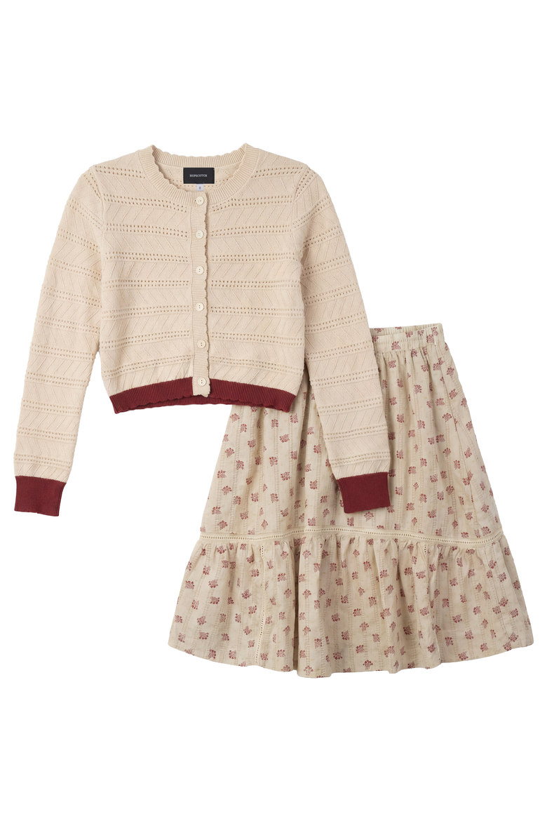 Floral Scallop Trim Cardigan & Lined Skirt Set, Main, color, Burgundy