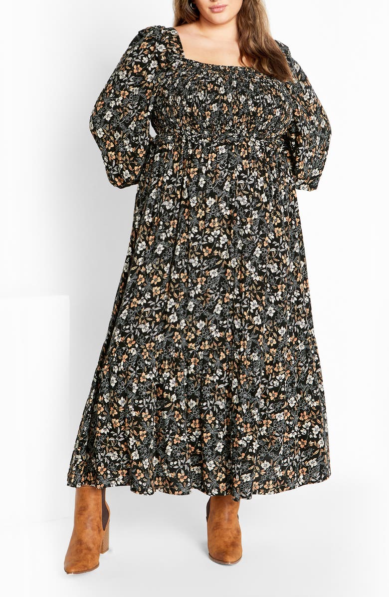 City Chic Avana Floral Long Sleeve Midi Dress, Main, color, Ditsy