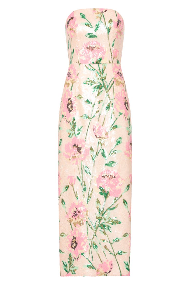 Kait Floral Print Sequin Strapless Midi Dress, Alternate, color, WHITE MULTI