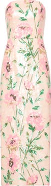 Milly Kait Floral Print Sequin Strapless Midi Dress