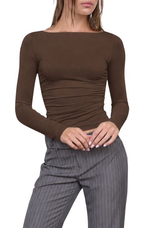Boat Neck Long Sleeve Rib Top