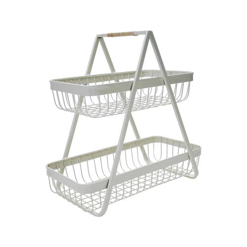 Storied Home Decorative Metal 2-tier Tray With Rattan Wrapped Handle, White