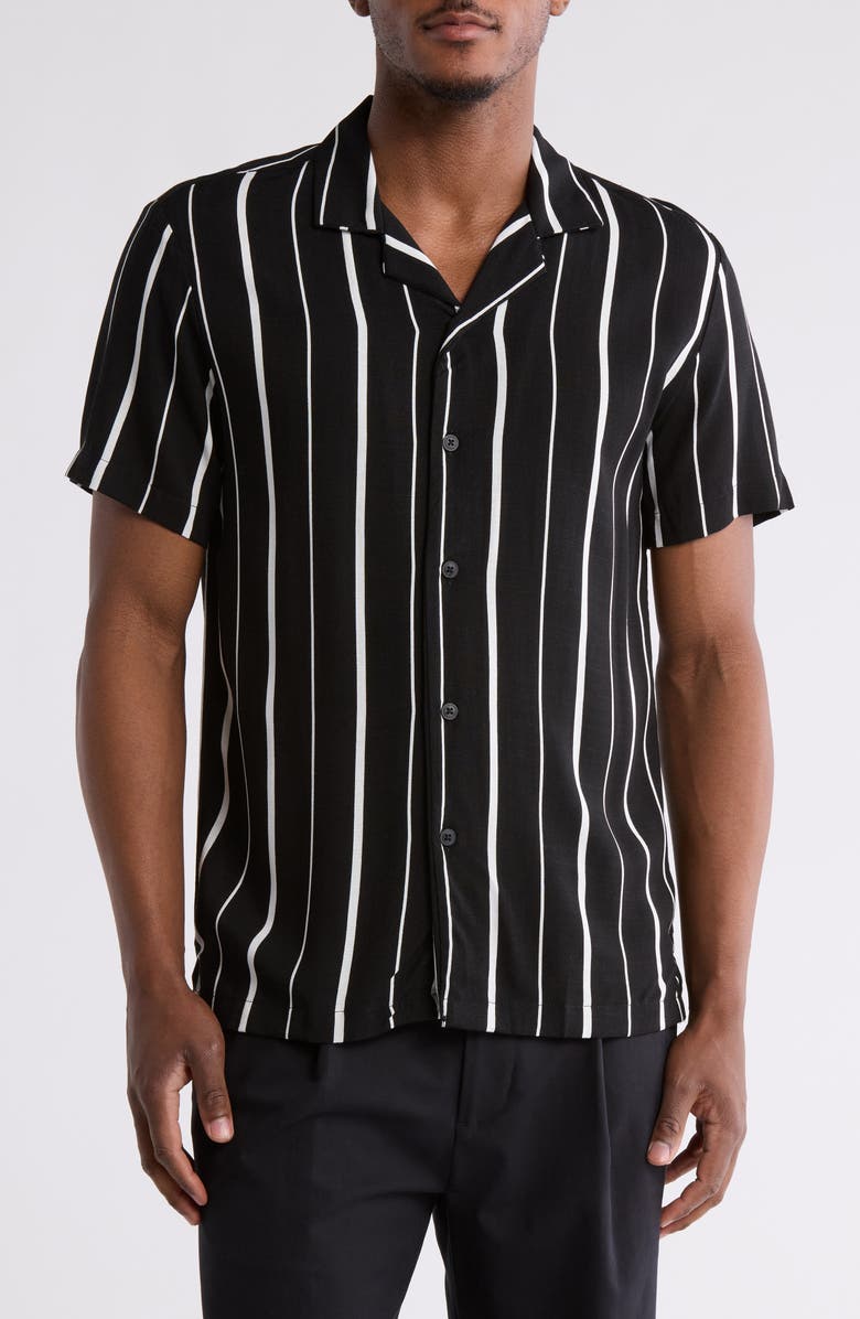 DENIM AND FLOWER Stripe Camp Shirt, Main, color, Black/ White