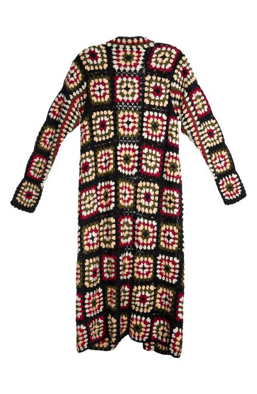 Saachi Granny Square Crochet Longline Cardigan In Black/natural Multi