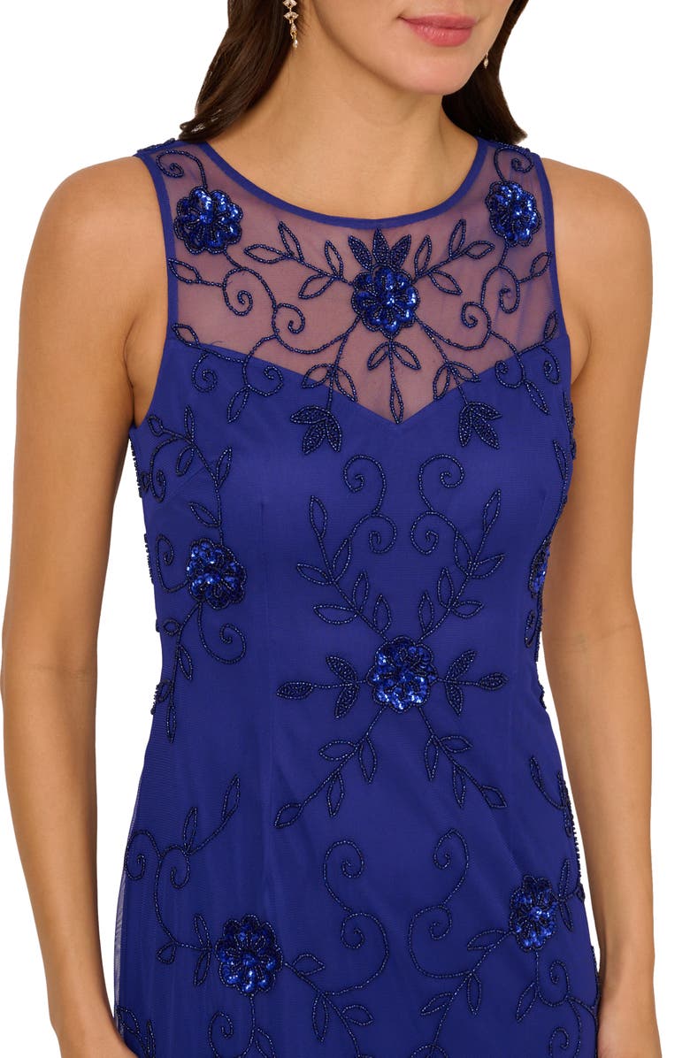 Adrianna Papell Placed Beaded Floral Mesh Mermaid Gown, Alternate, color, Dark Blue Violet