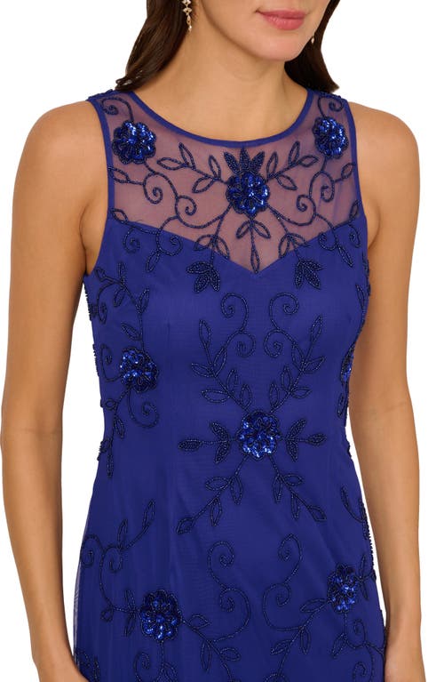 Adrianna Papell Placed Beaded Floral Mesh Mermaid Gown In Blue