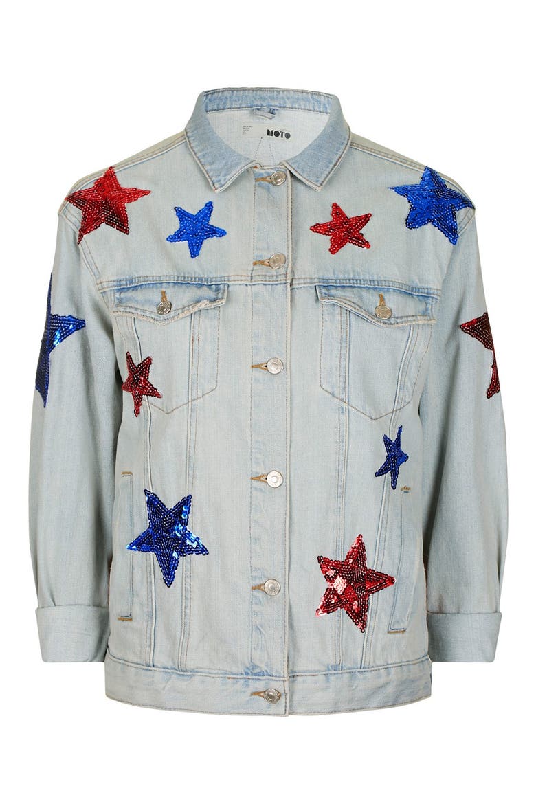 Sequin Star Denim Jacket, Alternate, color, LIGHT DENIM MULTI