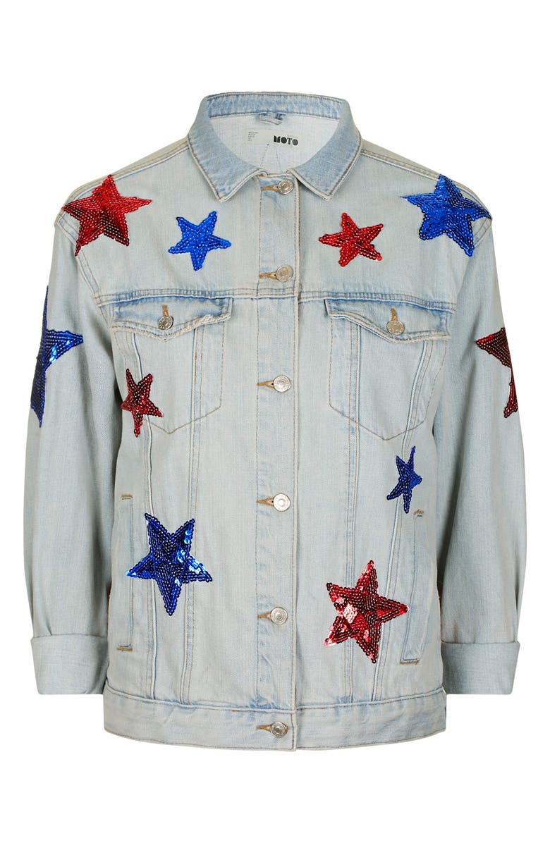 Topshop Sequin Star Denim Jacket, Alternate, color, 