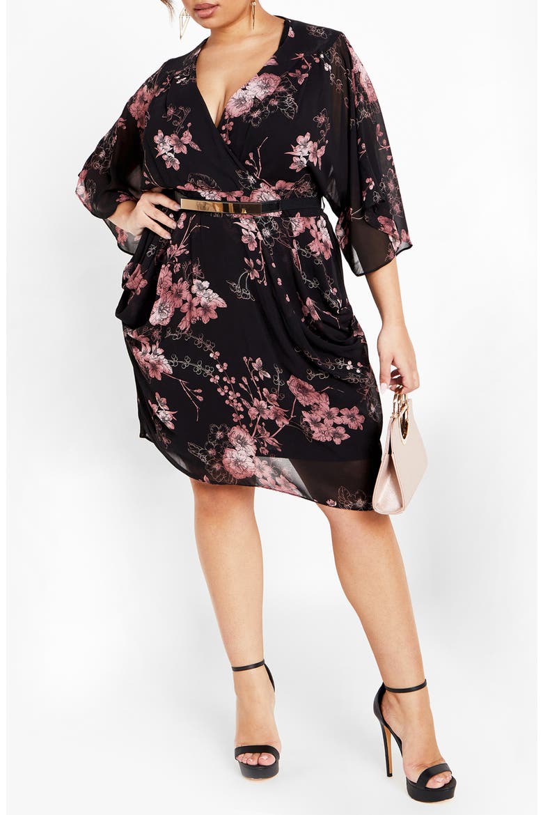 Bold Blossom Belted Floral Dress, Main, color, BLACK PRINT