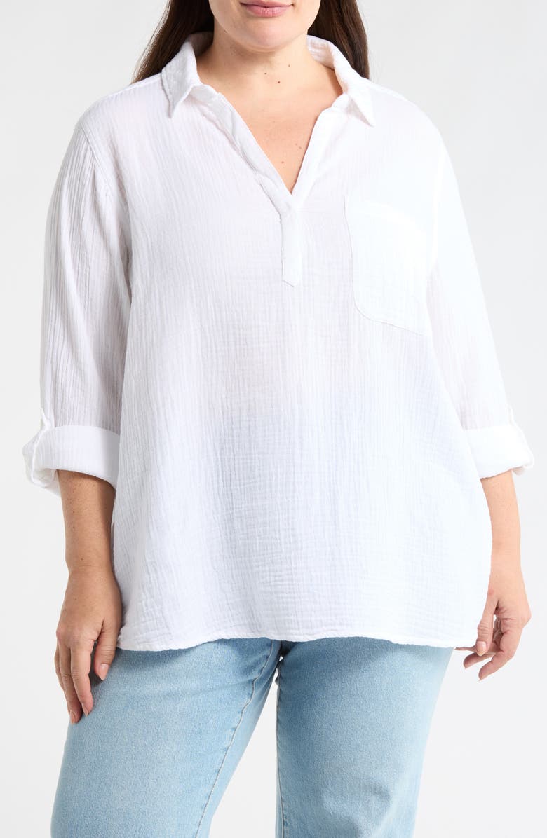 beachlunchlounge Lenora Cotton Gauze Popover Top, Main, color, White