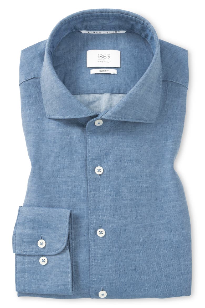 Slim Fit Cotton & Linen Dress Shirt, Main, color, BLUE