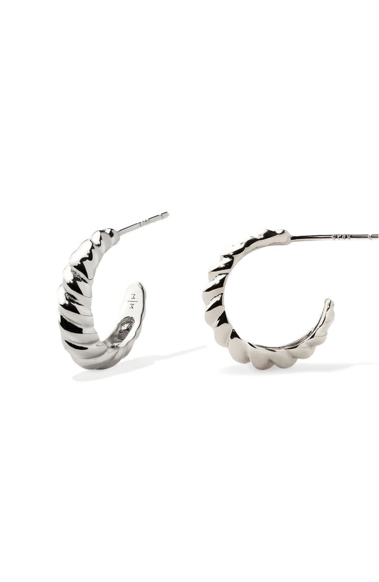 MADE BY MARY Gloss Croissant Hoop Earrings, Main, color, Silver