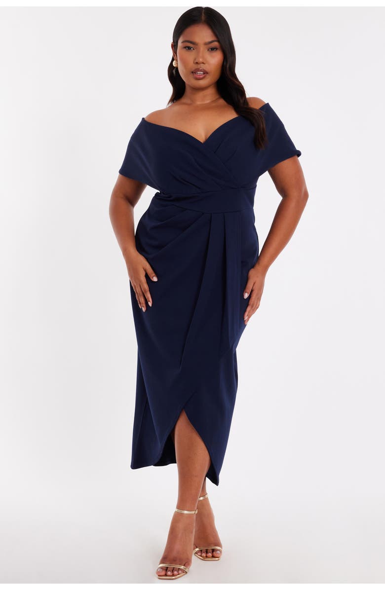 QUIZ Plus Size Scuba Crepe Bardot Wrap Midi Dress, Main, color, Navy