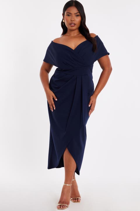 Plus Size Scuba Crepe Bardot Wrap Midi Dress