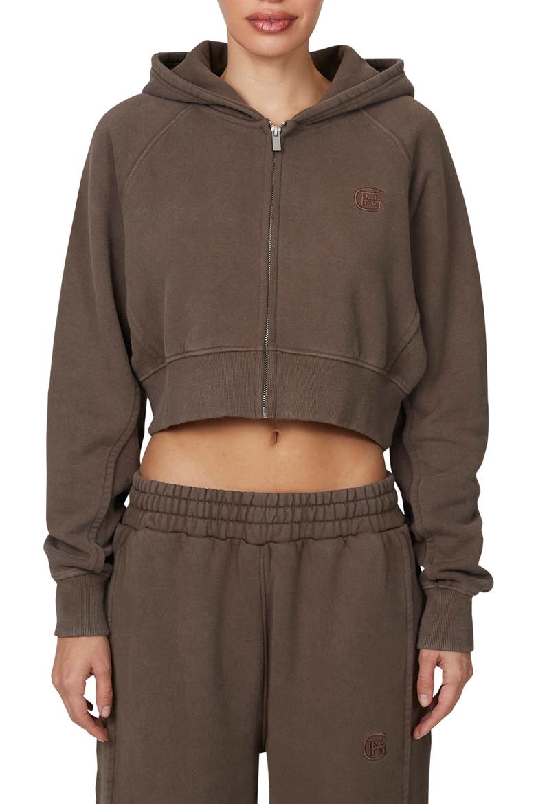 Ribbed Emblem Crop Zip Hoodie, Main, color, Brown