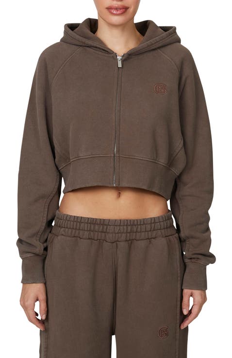 Ribbed Emblem Crop Zip Hoodie