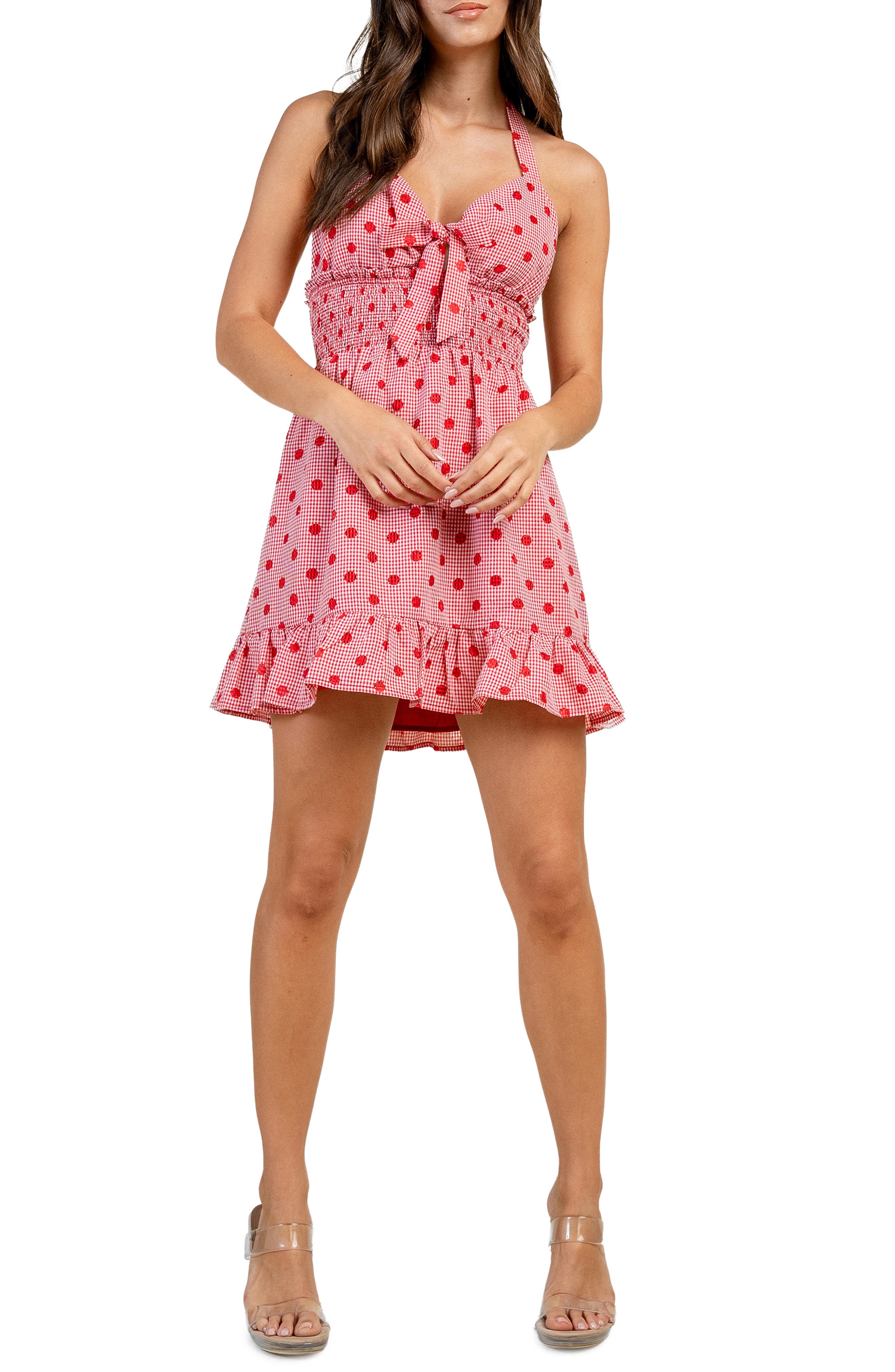 Beivy Dot Gingham Cotton Blend Halter Minidress