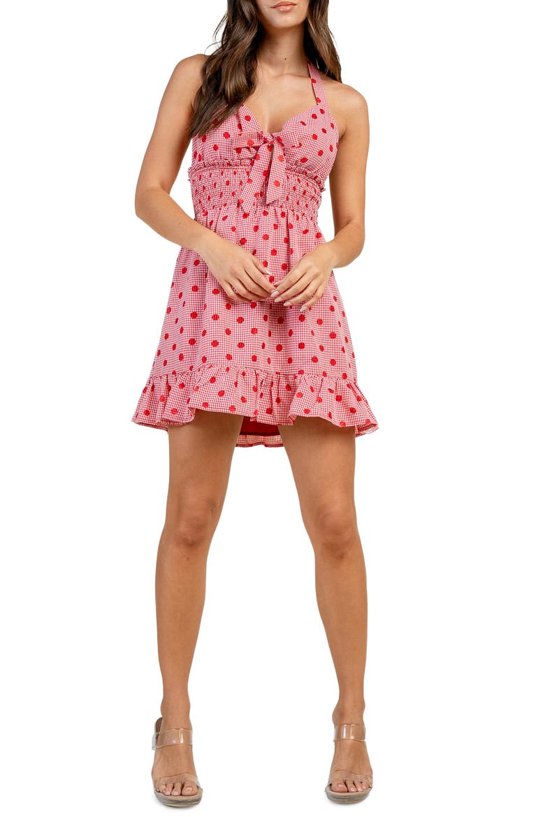 Dot Gingham Cotton Blend Halter Minidress, Main, color, RED