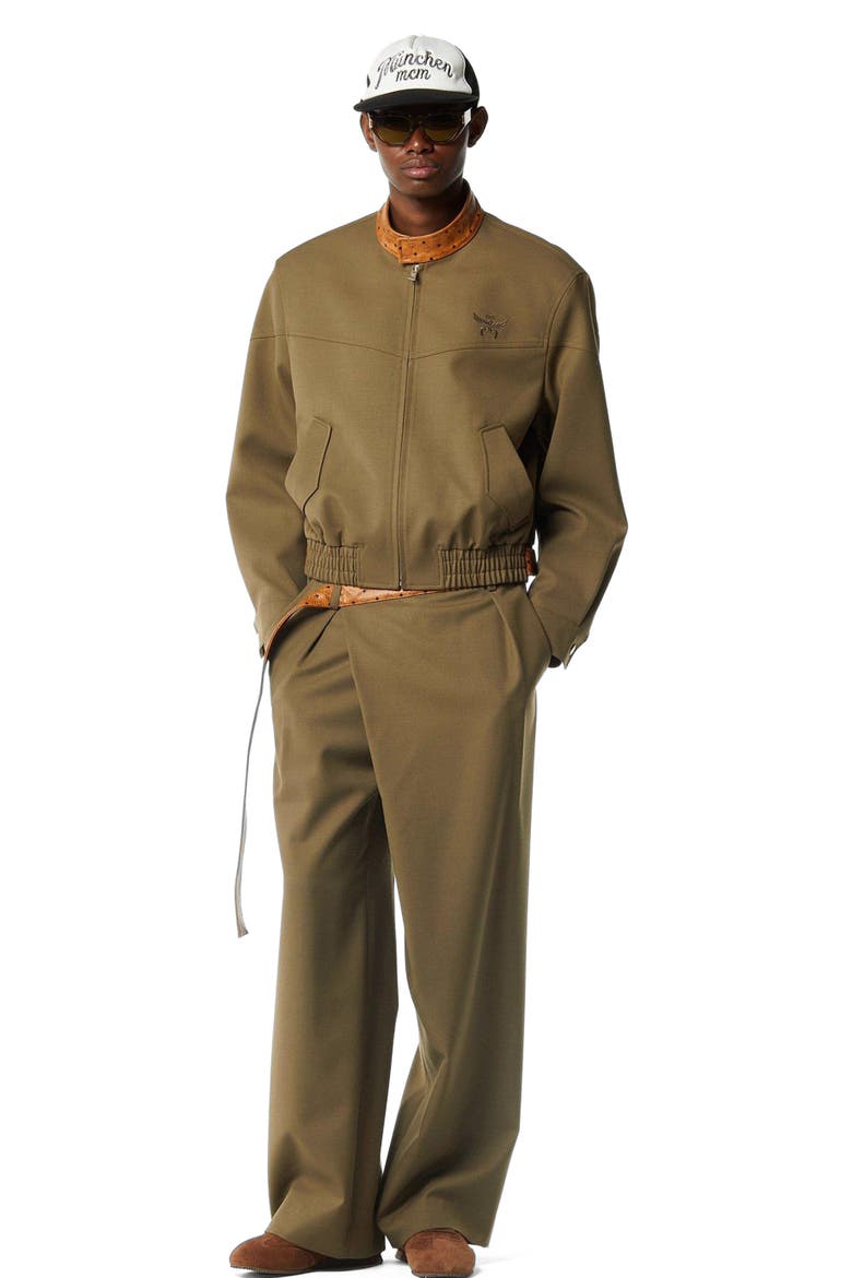 Jacket in Wool Twill and Monogram Print Leather, Main, color, Khaki
