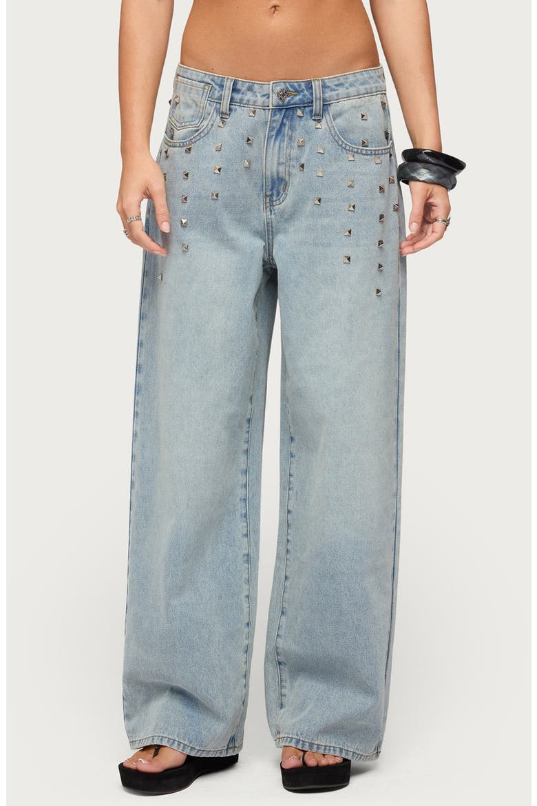 Oaklee Studded Low Rise Baggy Jeans, Main, color, BLUE-WASHED