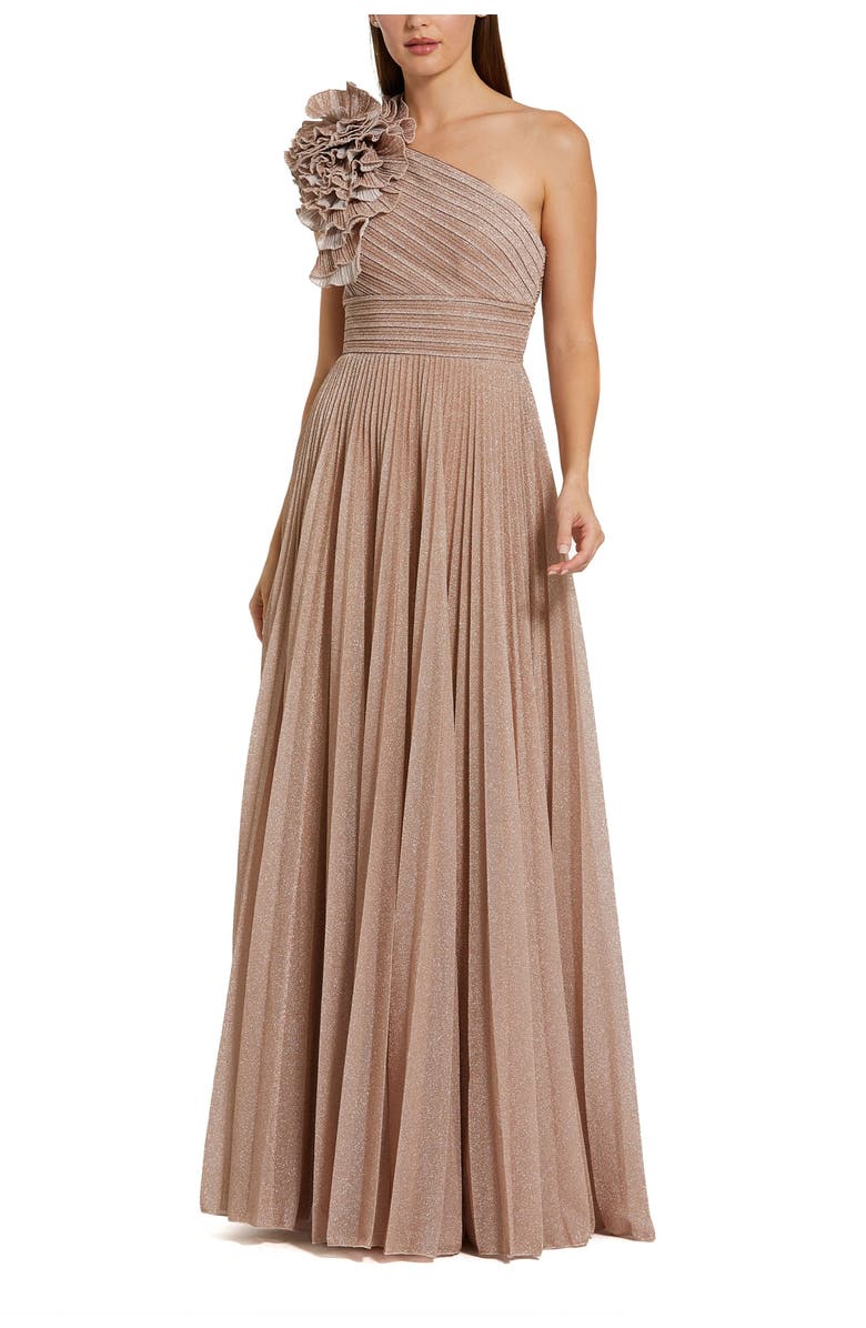 Mac Duggal Women's Pleated Metallic One Shoulder Gown With Ruffle, Main, color, Champagne