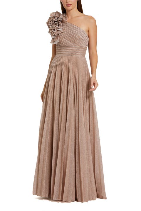 Women's Pleated Metallic One Shoulder Gown With Ruffle