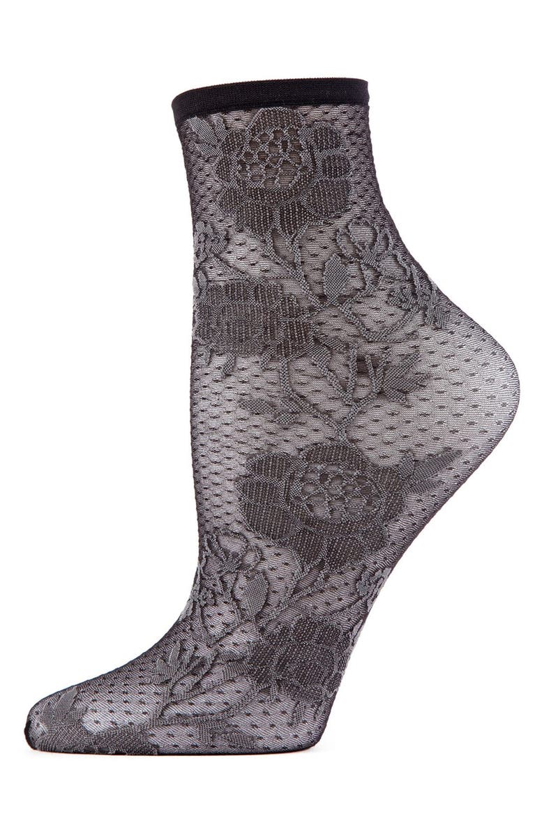 Natori Floral Lace Sheer Ankle Socks, Alternate, color, Black-Gray