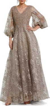 Mac Duggal Embellished Plunge Neck Puff Sleeve A Line Gown