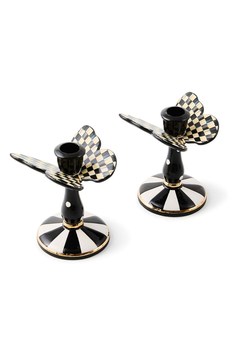 MACKENZIE CHILDS Courtly Check Set of 2 Tall Butterfly Candleholders, Main, color, Courtly