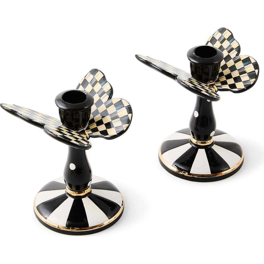Mackenzie-childs Mackenzie Childs Courtly Check Set Of 2 Tall Butterfly Candleholders In Black